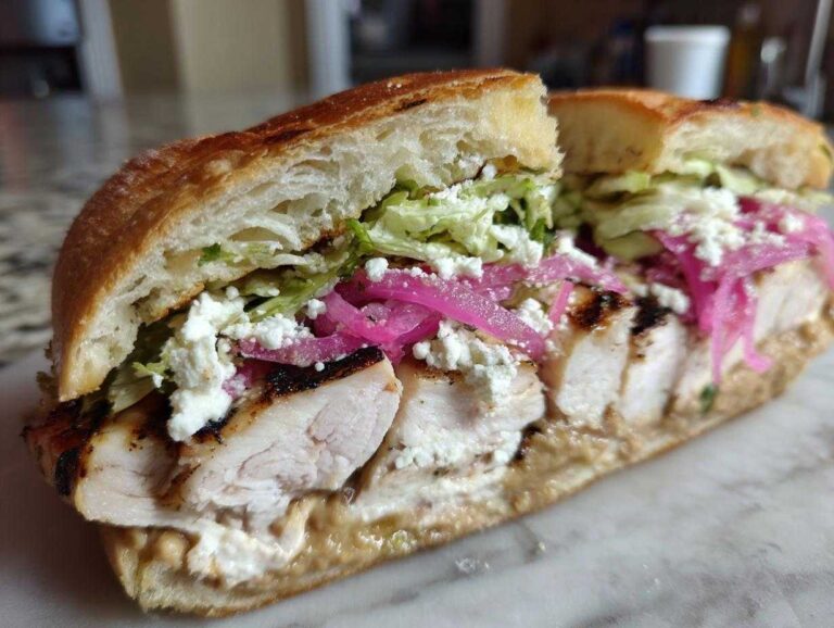 Cross-section of a delicious Chicken Taco Torta showing grilled chicken, pickled onions, cotija cheese, and lettuce.