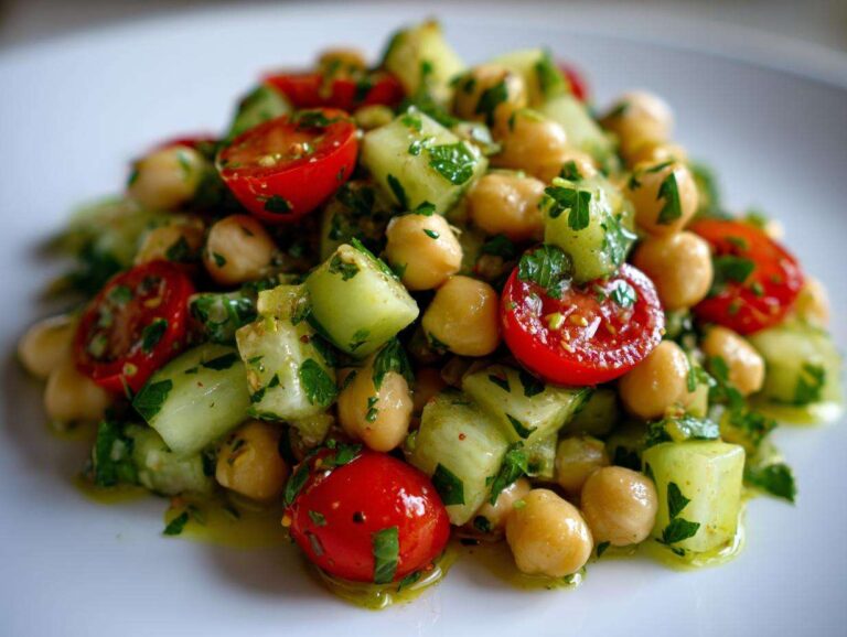 A vibrant close-up of a fresh chickpea cucumber salad featuring chickpeas, chopped cucumbers, halved cherry tomatoes, and parsley in a light dressing.