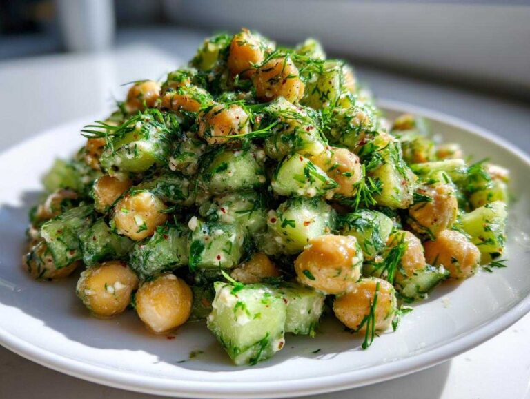 A vibrant mound of chickpea cucumber slaw tossed in a creamy dressing and fresh dill, served on a white plate.