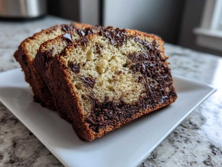 Three moist slices of chocolate chip banana bread showing melted chocolate swirls, served on a white rectangular plate.