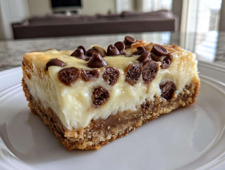 A thick, single serving of chocolate chip cheesecake bars showing a graham cracker crust and creamy filling topped with melted chocolate chips.