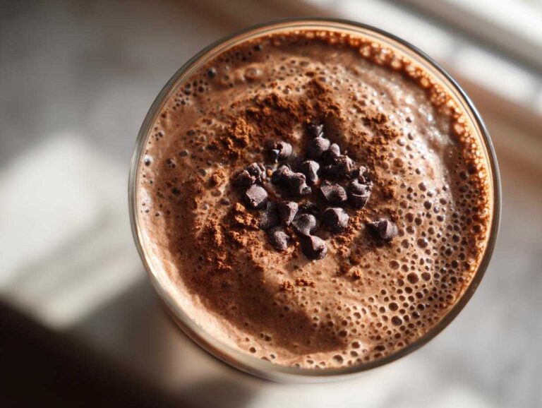 Overhead view of creamy chocolate overnight oats topped with cocoa powder and mini chocolate chips.