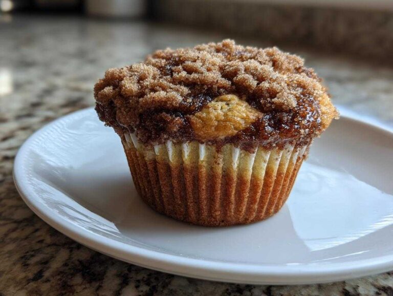 A close-up of a single, freshly baked cinnamon muffins topped with a thick, sugary streusel.