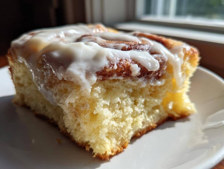 Close-up of a moist slice of cinnamon roll cake recipe, topped with thick white icing.