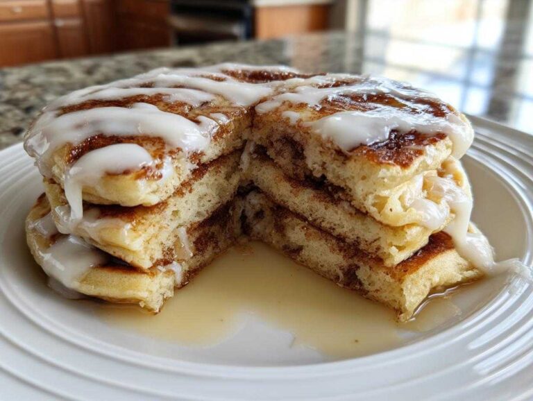 A stack of fluffy cinnamon roll pancakes cut open to show the layers, drizzled heavily with white icing.