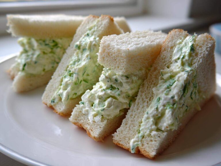 Four triangular quarters of classic Benedictine Sandwiches filled with creamy green spread on a white plate.