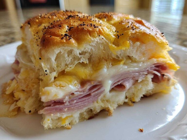 Close-up of a cross-section of a warm club sliders recipe sandwich showing melted cheese, layers of ham, and a poppy seed bun.