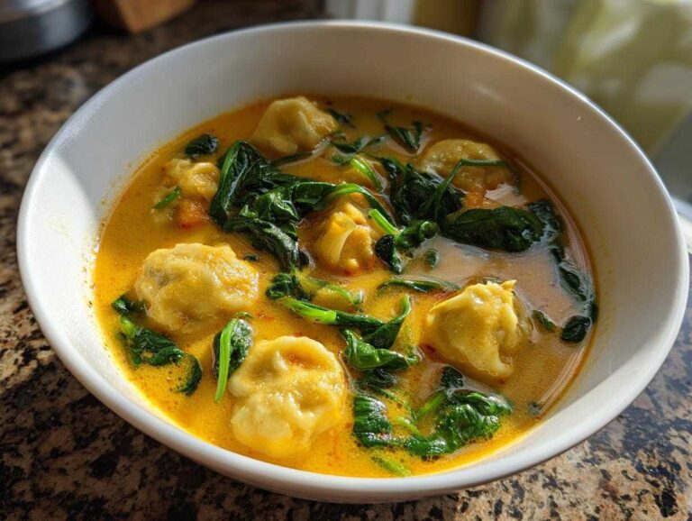 Close-up of a white bowl filled with vibrant yellow coconut curry soup with dumplings and wilted spinach.