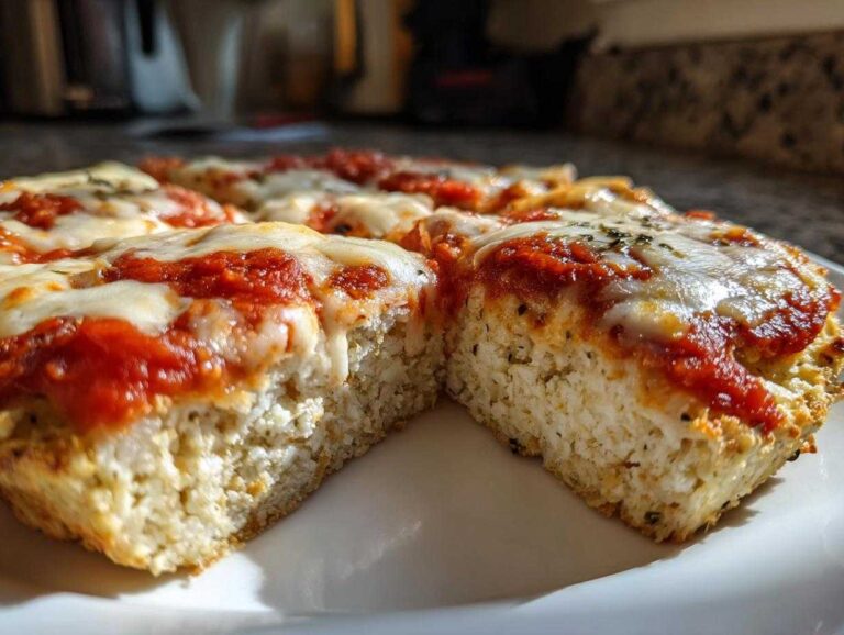 Close-up showing the thick, textured interior of a cottage cheese pizza crust topped with melted mozzarella and marinara sauce.