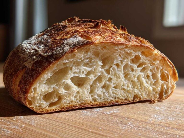 Cross-section of a country loaf with sourdough discard showing an open, airy crumb structure and golden crust.
