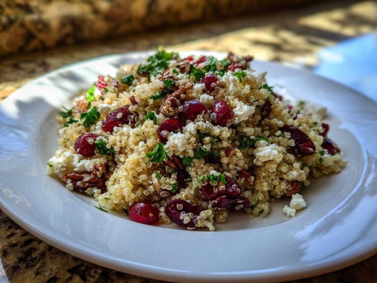 A close-up of a vibrant cranberry quinoa feta salad served on a white plate, garnished with pecans and parsley.