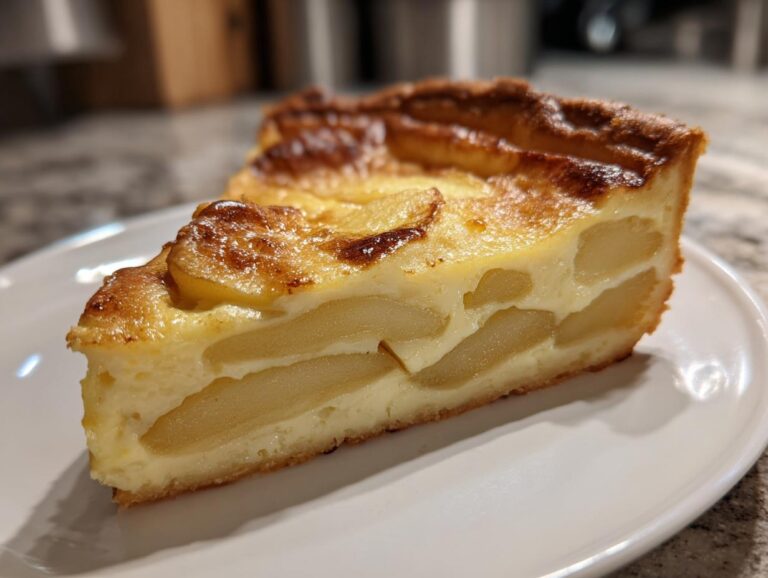 A close-up of a slice of creamy apple custard impossible pie showing layers of baked custard and apple slices.