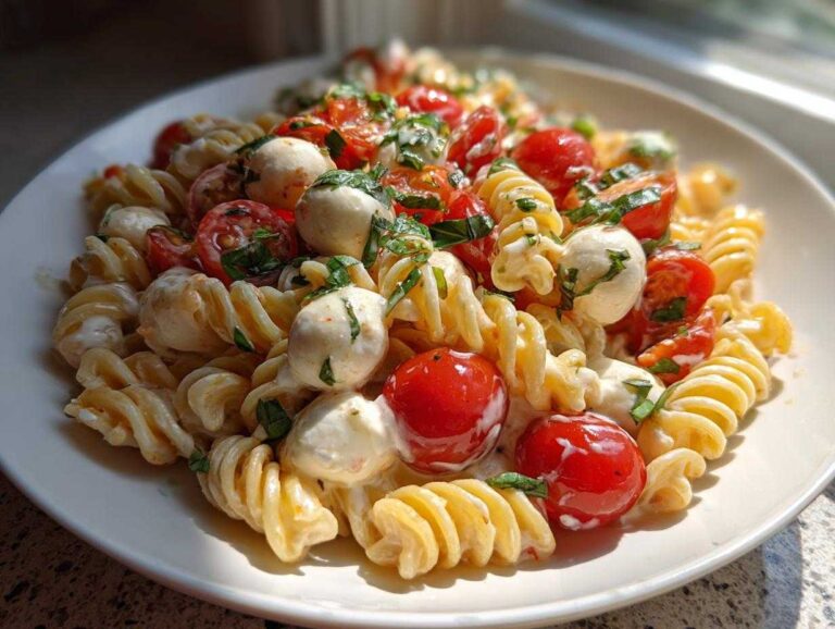 A close-up of creamy caprese pasta salad featuring rotini pasta, cherry tomatoes, mozzarella balls, and fresh basil.
