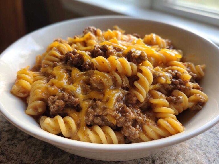 A close-up view of a white bowl filled with creamy cheeseburger pasta featuring rotini noodles, ground beef, and melted cheddar cheese.