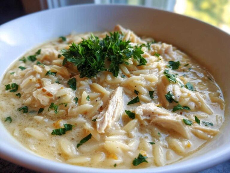 Close-up of a creamy bowl of chicken orzo soup topped with fresh parsley.