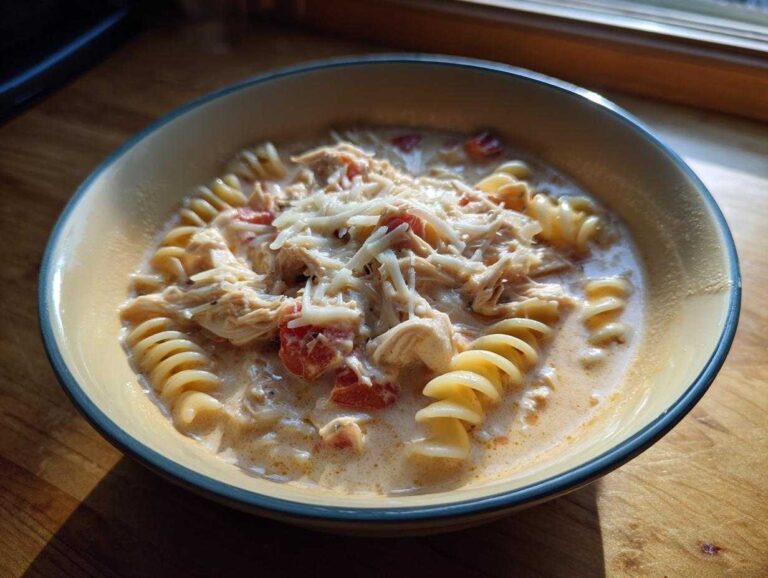 A close-up of a bowl of creamy chicken parmesan soup featuring shredded chicken, tomatoes, rotini pasta, and grated Parmesan cheese.