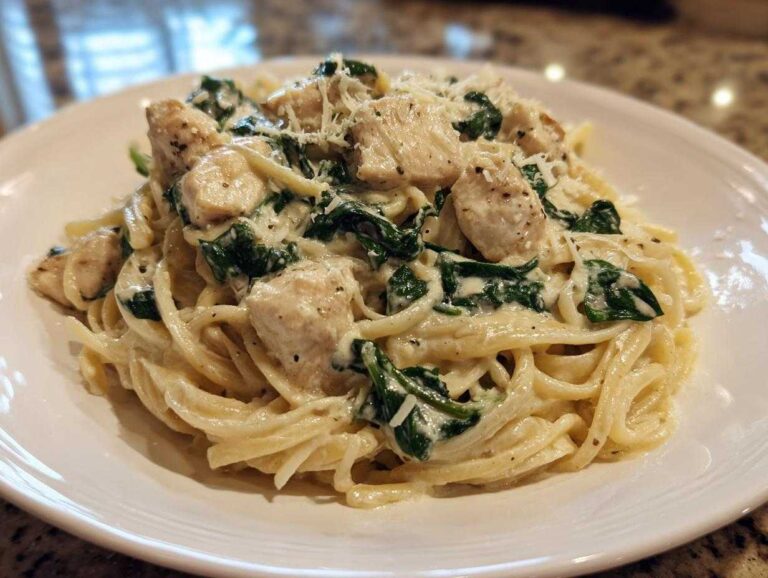 Close-up of creamy chicken spinach pasta tossed in a rich white sauce and topped with grated Parmesan cheese.