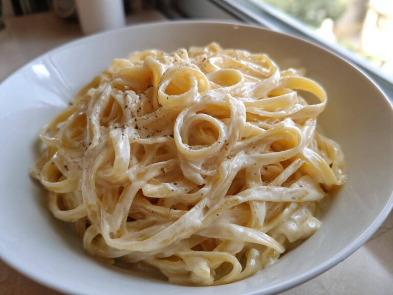 A close-up of rich, creamy fettuccine alfredo pasta tossed in a white bowl, topped with black pepper.