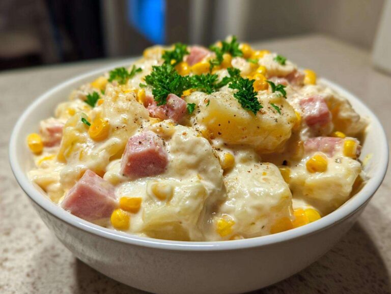 Close-up of a hearty bowl of creamy ham potato corn chowder, garnished with fresh parsley.