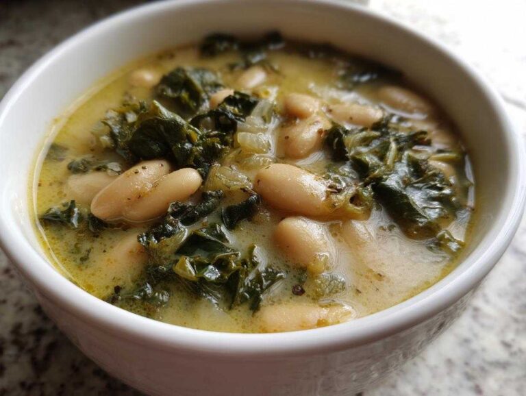 Close-up of a white bowl filled with creamy high protein white bean soup featuring cannellini beans and dark green kale.