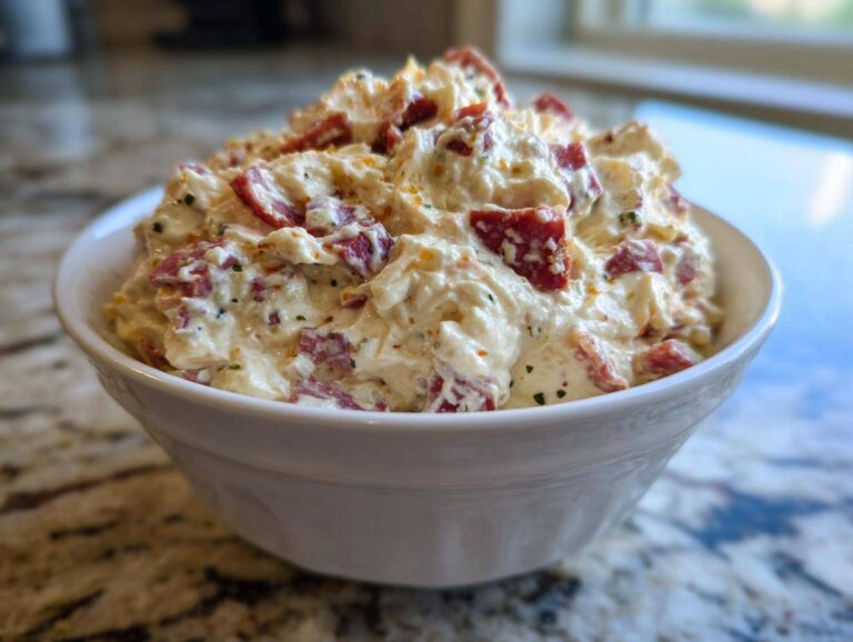 A close-up of a thick, creamy hoagie dip loaded with chunks of salami served in a white bowl.