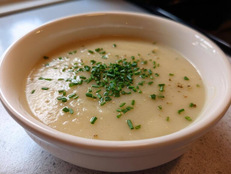 Close-up of a creamy, pale leek soup served in a white bowl and garnished generously with fresh chopped chives.
