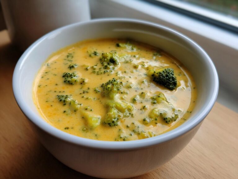 Close-up of a creamy, bright orange panera broccoli cheddar soup filled with green broccoli florets in a white bowl.