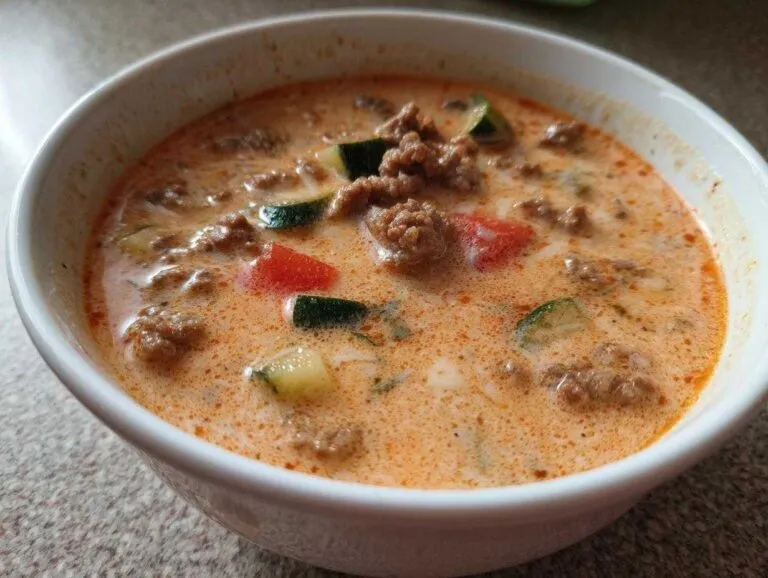 Close-up of a white bowl filled with creamy parmesan italian sausage soup, featuring ground sausage, zucchini, and tomatoes.