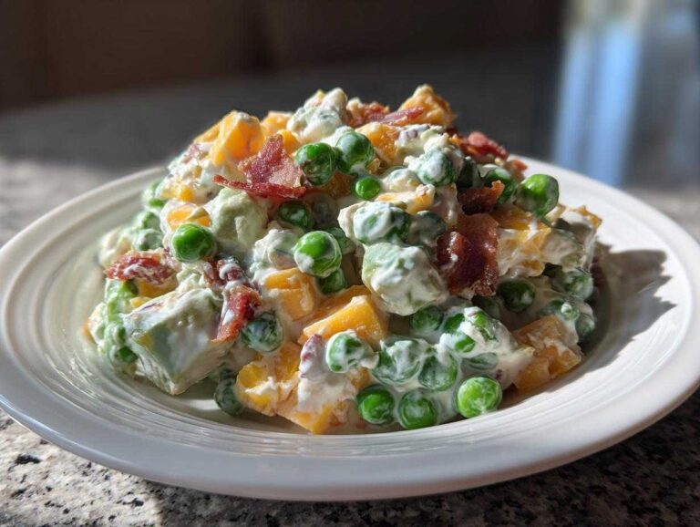 A close-up of a serving of creamy pea salad featuring green peas, cheddar cheese cubes, and bacon bits mixed in a white dressing.