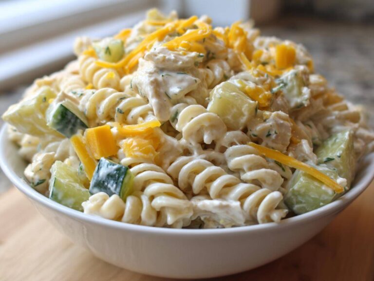 Close-up of a creamy pickle pasta salad featuring rotini pasta, chopped pickles, and shredded cheddar cheese.