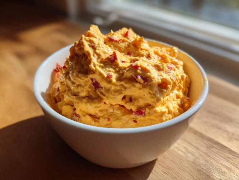 A close-up of thick, orange Pimento Cheese Dip studded with red pimentos, served in a white bowl.