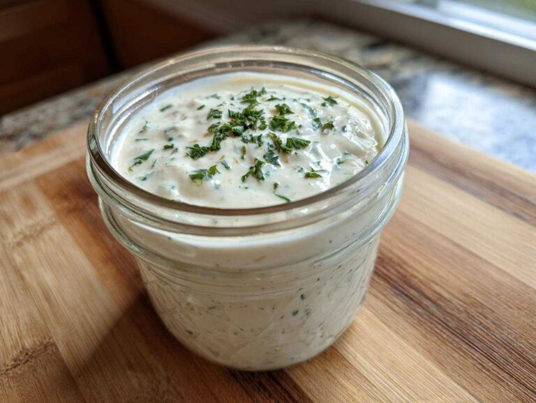 Close-up of creamy, herb-flecked salad dressing stored in a glass mason jar.