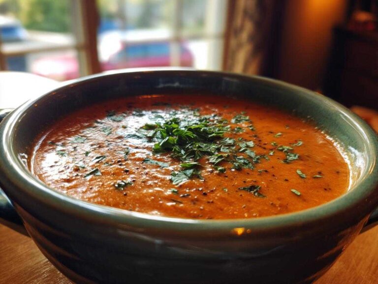 Close-up of rich, orange creamy tomato basil soup topped with fresh chopped basil in a dark green bowl.