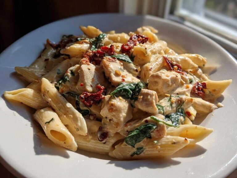 Close-up of a bowl of creamy Tuscan chicken pasta featuring penne, chicken pieces, spinach, and sun-dried tomatoes.