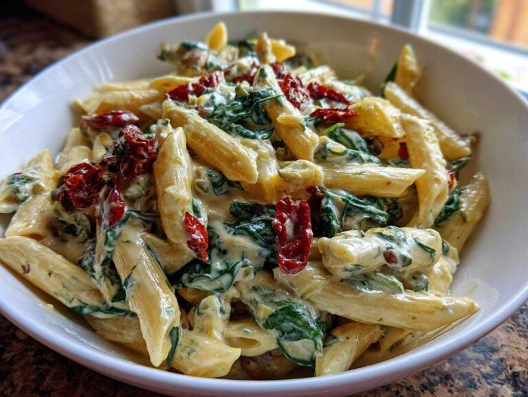 Close-up of creamy Tuscan mushroom pasta skillet featuring penne, spinach, and sun-dried tomatoes in a white bowl.