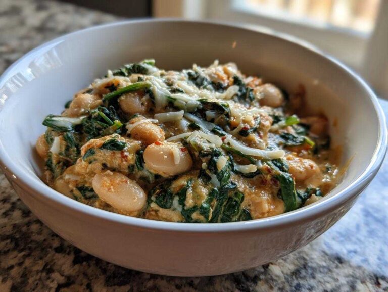 A close-up of creamy white beans with spinach and parmesan served in a white bowl.