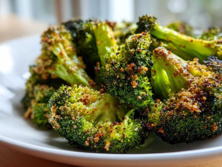 Close-up of bright green, crispy air fryer broccoli florets seasoned with breadcrumbs and spices.