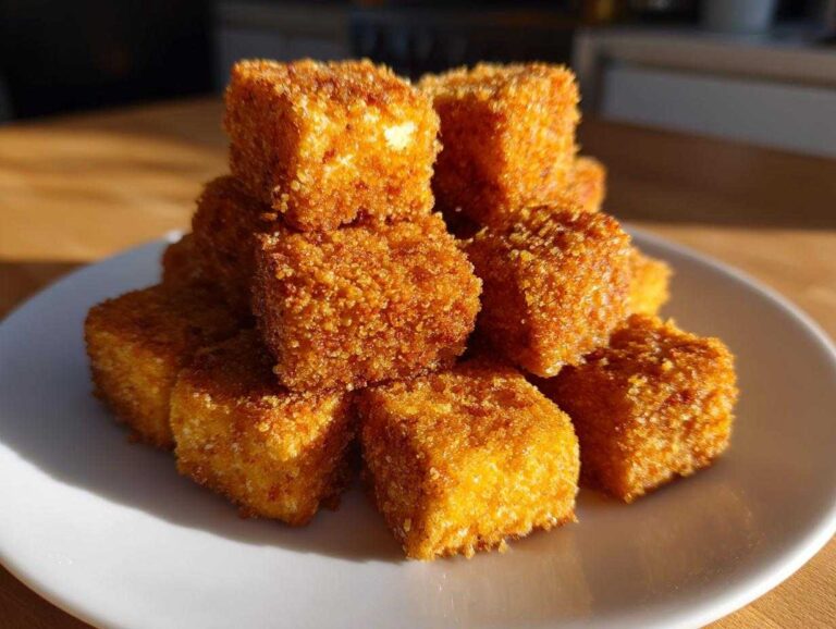 A stack of golden brown, crispy breaded air fryer tofu cubes piled high on a white plate.