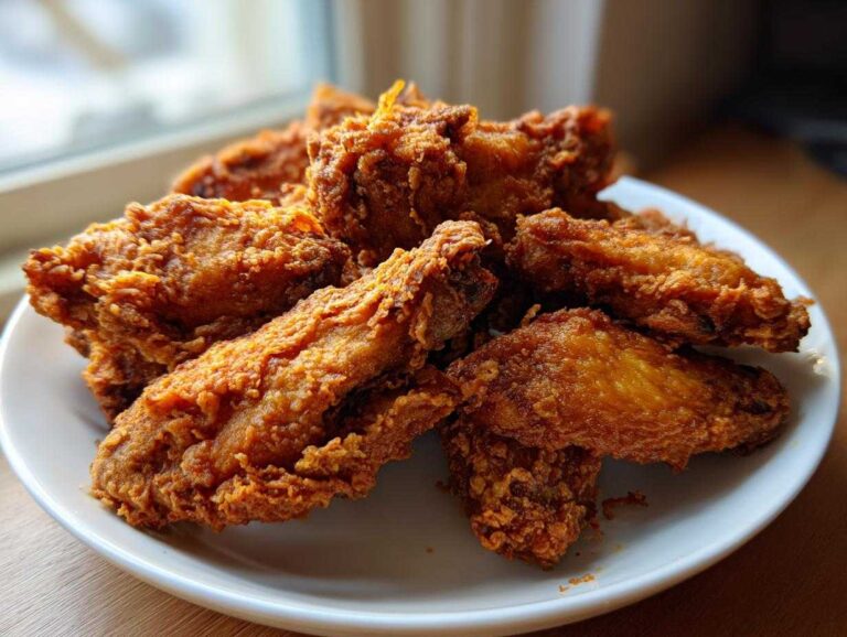 A close-up stack of golden brown, crispy fried chicken wings piled high on a white plate.
