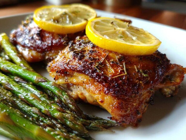 Close-up of crispy baked low carb chicken thighs garnished with lemon slices and served with roasted asparagus.