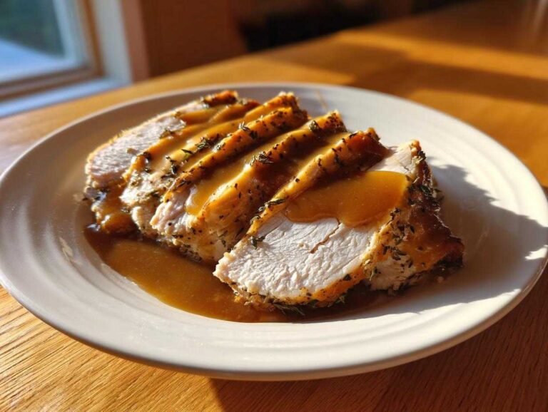 Four thick slices of juicy crockpot turkey breast seasoned with herbs and drizzled with brown gravy on a white plate.
