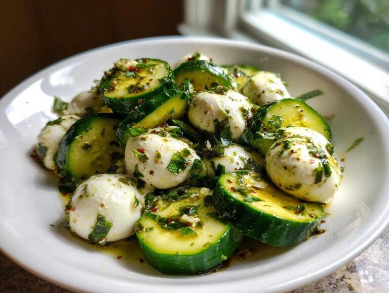 A white bowl filled with slices of cucumber and small mozzarella balls tossed in an herby, oily dressing for a cucumber mozzarella salad.
