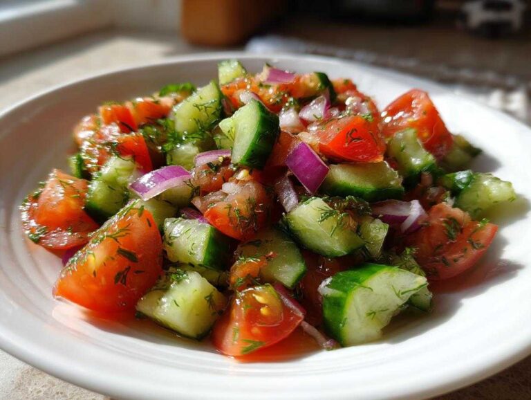 Close-up of a vibrant cucumber onion and tomato salad tossed with fresh dill in a white bowl.