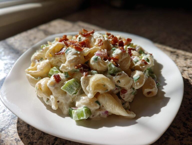 A close-up of a creamy dill pickle bacon pasta salad served on a white plate, topped with crispy bacon bits.