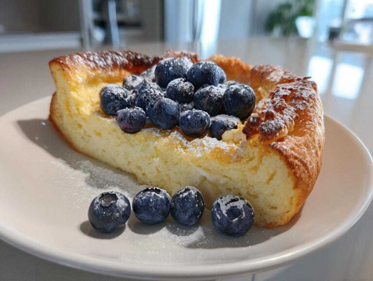 A close-up of a golden-brown slice of Dutch Baby Pancake topped with fresh blueberries and powdered sugar.