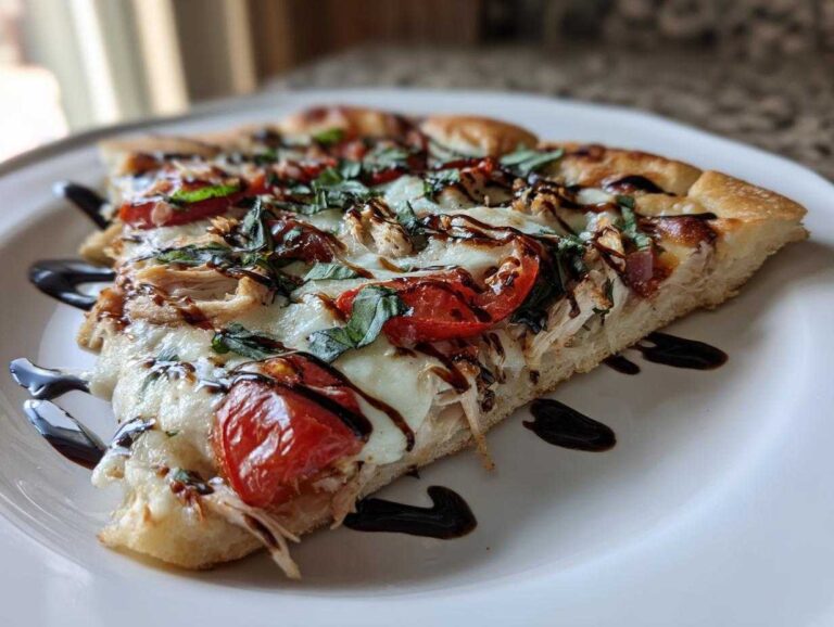 A close-up of a slice of easy chicken caprese flatbread topped with melted mozzarella, tomatoes, basil, and balsamic glaze.