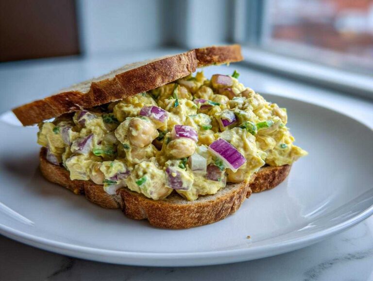 A thick, generously filled sandwich featuring easy chickpea salad with visible chickpeas and red onion chunks on toasted bread.