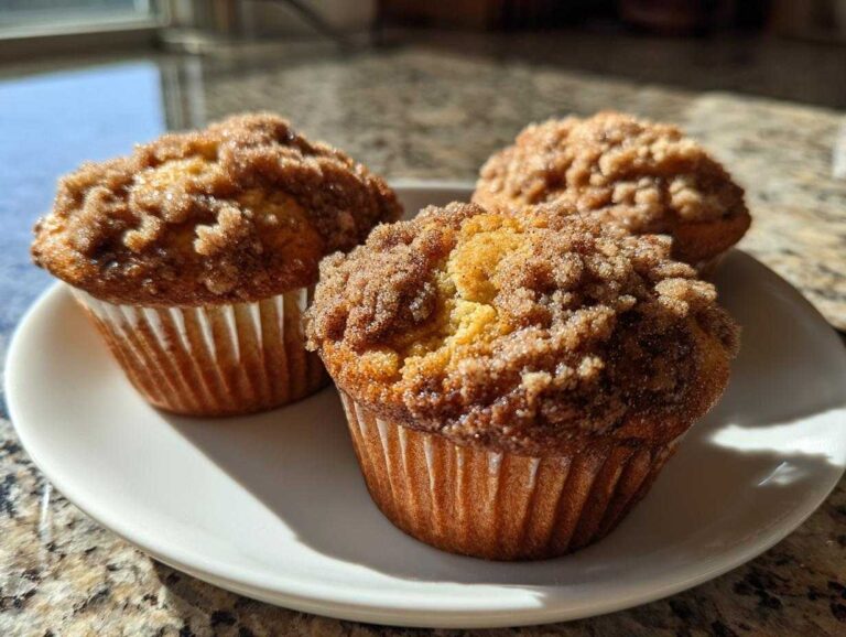 Three golden easy coffee cake muffins topped with a thick, sugary cinnamon streusel, sitting on a white plate.