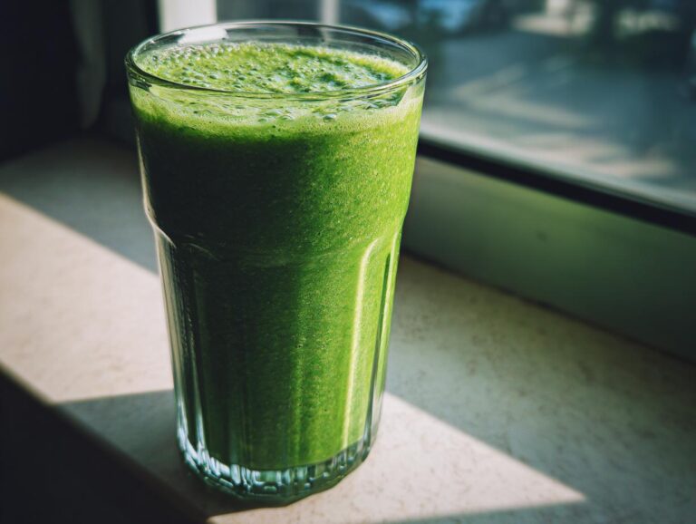 A tall glass filled with a vibrant, thick fat-burning green smoothie sitting on a windowsill in bright sunlight.