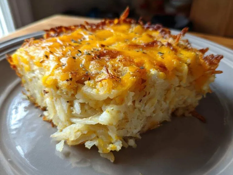 A close-up serving of cheesy chicken hashbrown casserole showing shredded potatoes and melted cheddar cheese topping.